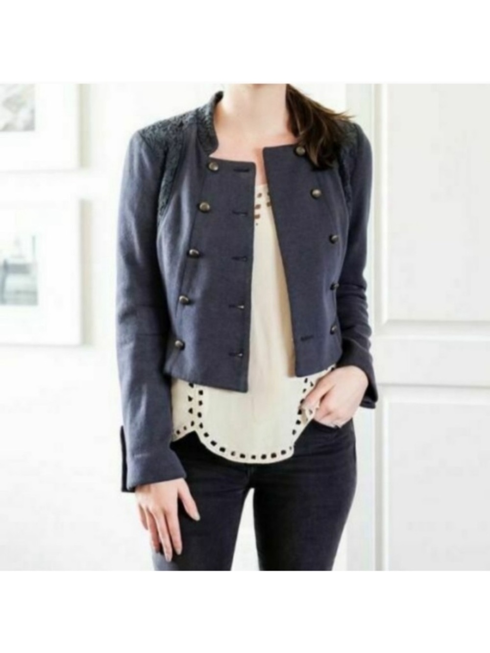 Free People Majorette Military Double Breasted Blazer Jacket Blue Knit Lace Sz 8